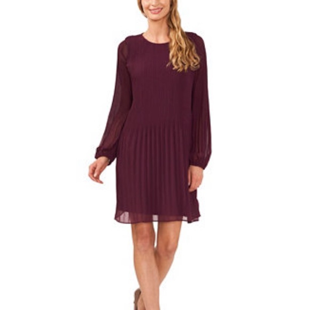 CeCe Pleated Front Long Sleeve Crewneck Dress